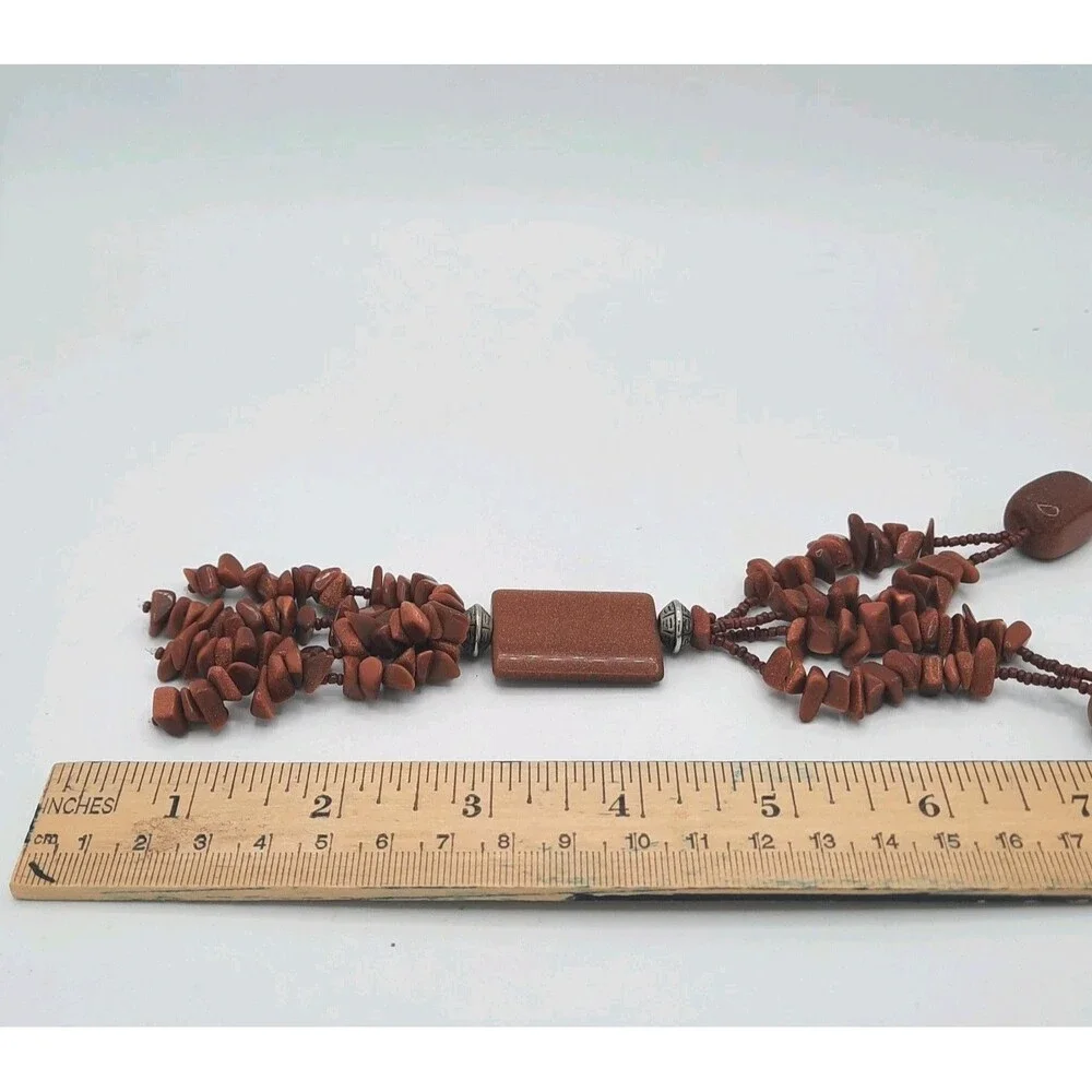 Copper MultiStrand Goldstone Rectangle Pendant Tassel Cluster Statement Necklace
